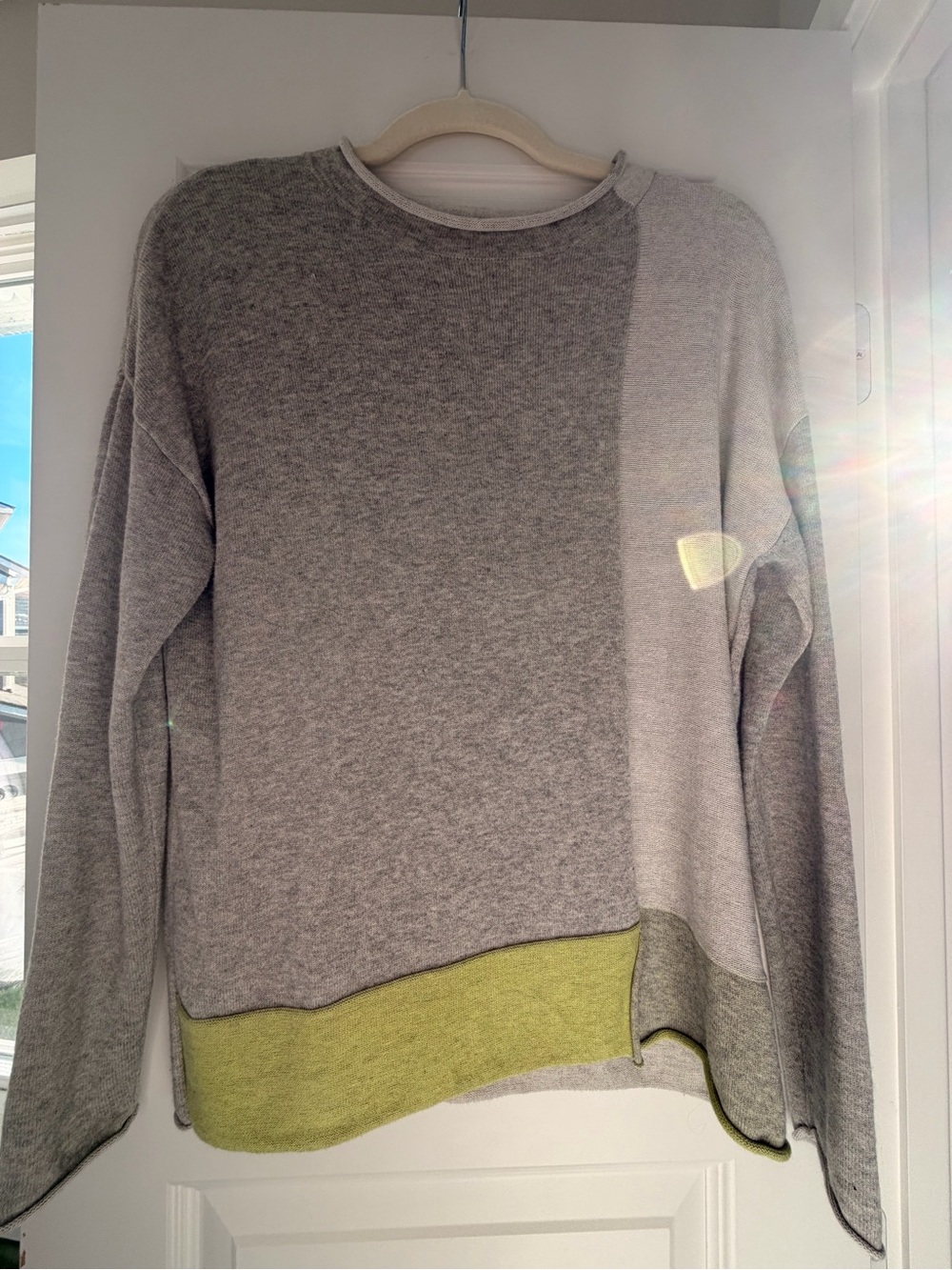 Women’s Two-Tone Crewneck Sweater in Heather Gray and Lime Trim